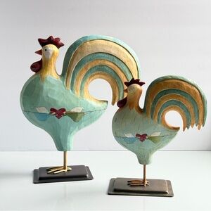 Russ Berrie Aqua and Gold Rooster Pair
